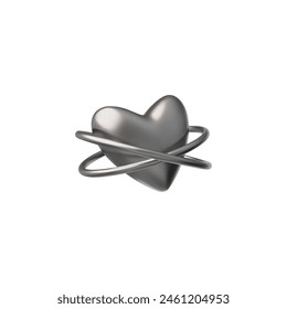 Y2K style vector illustration with shiny chrome liquid heart surrounded by rings. Ideal for futuristic decor on an isolated background. Fashionable style of the 2000s.