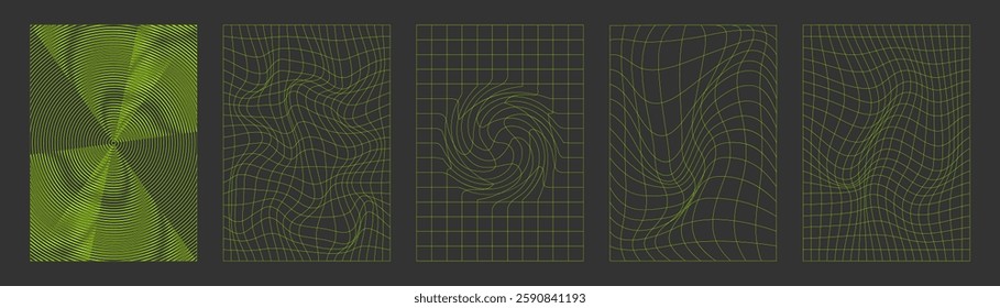 Y2k style warped grid background set with neon green lines on dark surface. Abstract geometric deformed mesh patterns for retro futuristic graphic design. Digital distorted surreal linear textures.