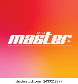 Y2K styled white futuristic bold 'Master' Typography with abstract shapes on orange gradient background 