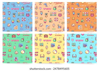 Y2K Summer Vibes Patterns with Ice Cream, Beach Ball, Sandcastle, Sunglasses, and Tropical Elements. Set of Retro 90s Vector Backgrounds. Fun, Colorful Designs for Summer.