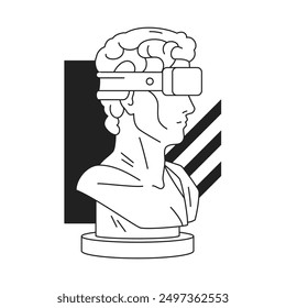 Y2k surreal Greek bust god in VR goggles futuristic contemporary pop art icon vector flat illustration. Psychedelic antique male statue monument virtual reality science fiction outline artwork