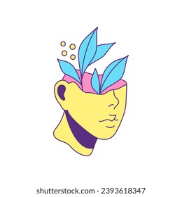 Y2k busto de cabeza de hombre surrealista con floral rama de dibujos animados elemento groovy estilo icono vector ilustración plana. Monumento de escultura psicodélica con decoración de flor botánica pegatina de moda para la impresión de camisetas