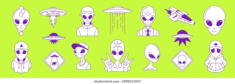 Y2k surreal science fiction aliens contemporary pop art style vector illustrations set. Psychedelic trendy UFO graphic elements for sticker, print and t-shirt design