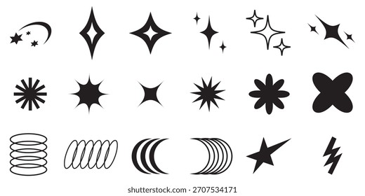 Y2K symbol icon pack featuring trendy star and sparkle elements. Represents early 2000s aesthetics with glossy, shiny, and playful vibes.