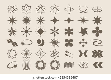 Y2K symbol set in retrofuturism style, design elements for logo templates in modern minimalist style. Retro badges of stars and graphic elements for posters. Vector