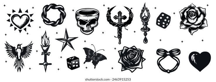 Y2k Symbole, beide Kette, Herz, Flamme, Bogen, Mund, Schmetterlingsmesser, Mund, Blackthorn, Klinge, gebrochener Spiegel. Y2k-Ästhetik-Set. Tattoo-Kunst Zeichen des 2000er-Jahre-Stil. Gothic Tattoo Aufkleber.