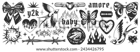 Y2k symbols, goth chain, heart, flame, bow, mouth, butterfly knife, mouth, blackthorn, blade, broken mirror. Y2k aesthetic set. Tattoo art signs of 2000s style. Vector tattoo line modern stickers