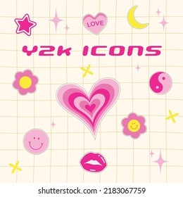 Y2K Symbols Including Smiling Emoticon, Heart Tablet, Moon, Flowers, Yin Yang, Lips and Sparkles in Yellow and Pink Color Scheme