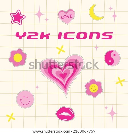 Y2K Symbols Including Smiling Emoticon, Heart Tablet, Moon, Flowers, Yin Yang, Lips and Sparkles in Yellow and Pink Color Scheme