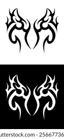 Y2k Symmetrical tribal tattoo designs, one in black on a white background and the other in white on a black background, showcasing intricate, mirrored patterns.