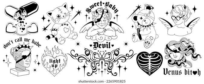 Y2k Tattoo art 90s, 00's silhouettes.Angel, baby demon, heart shaped bones and fire, barbed love art.Vector tats with gothic weird brutal quotes. Black and white colors, fun goth stickers.