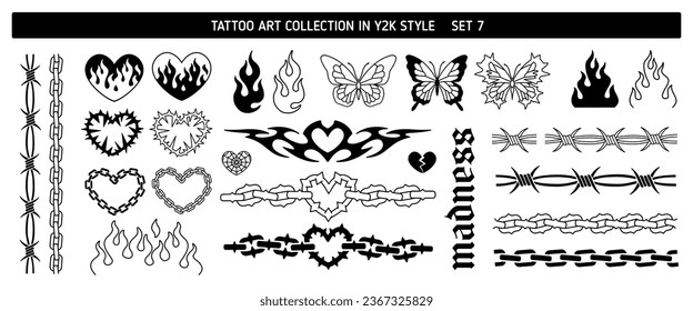 Diseño de arte de tatuajes y 2000 en el estilo 7. Pegatinas de tatuajes de arte de la línea Y2k. Fuego, cadena cardíaca, mariposa, fuego cardíaco, llama. Alambre de púas y elementos de marco de tatuaje del marco de cadena. El tatuaje del vector imprime dsgn 