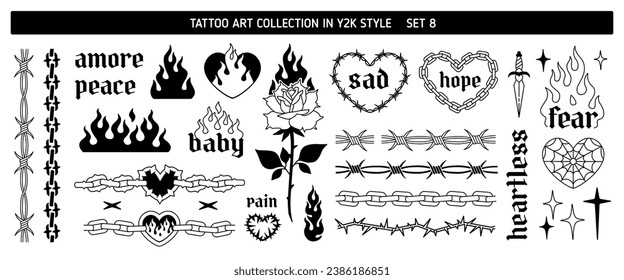 Y2k Tattoo Art design in 2000s style set 8. Y2k Line art tattoo stickers. Fire, Heart chain, Rose, Heart fire, Flame. Barbed wire and chain fram tattoo frame elements . Vector tattoo prints dsgn