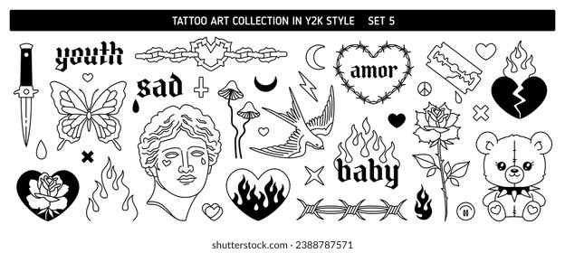 Y2k Tattoo art designs in 1990s - 2000s style 5. Line art Butterfly, kife, flame, blade, heart fire, chain, barbed wire, antique statue, rose. Y2k tattoo sickers. Vector 2000s style tattoo art	