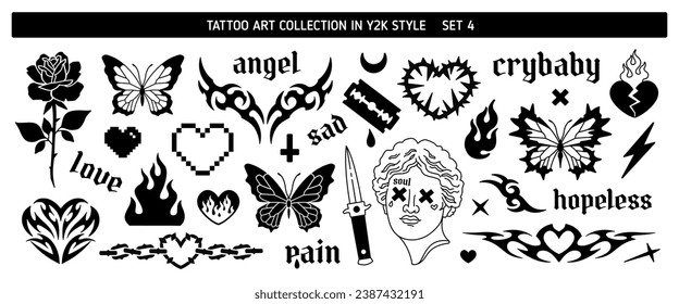 Y2k Tattoo art designs in 2000s style 4. Black Butterfly, kife, flame, neo tribal ornament. Y2k tattoo sickers of black butterfly, heart fire, chain, antique statue, rose. Vector 00s style tattoo art