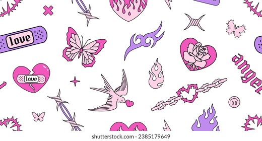 Y2k Tattoo art seamless pattern in 90s - 00s style. Butterfly, barbed wire, fire, flame, chain heart, swallow, rose psychedelic tattoo style. Vector 2000s tattoo designs in pink and blue style	