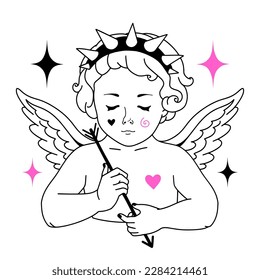 Y2K tattoo baby devil angel. Silhouette aesthetic print with fun character. Vintage black, white and pink isolated sticker. Weird vector graphic, 90s, 00s goth love aesthetic.