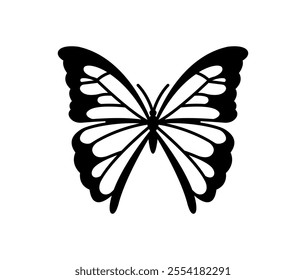 Y2k tattoo of butterfly insect. Isolated vector black and white elegant butterfly with detailed wings, symbolizing transformation, freedom, and beauty, emphasizing nature, grace, and personal growth