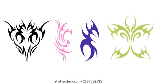 Y2k tattoo. Gothic girly tribal abstract ornaments. Black and toxic colors silhouette. Modern retro stickers. 1990s, 2000s art. Cyber sigilism style, emo gothic, vector icons