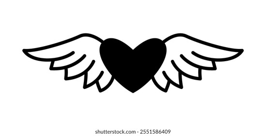 Y2k tattoo of heart with wings. Isolated vector black and white minimalist line art of a winged heart, symbolizing freedom, love and angelic qualities in emo culture. Romantic and inspirational icon