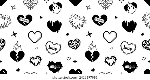 Y2k Tattoo hearts design in 2000s seamless pattern. Trendy emo gotich style tattoo background. Dark style vector print fabric  and textile design