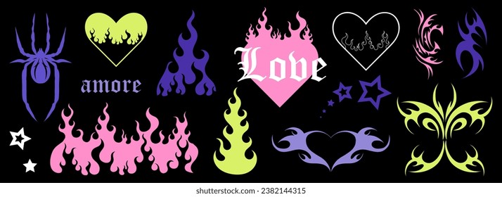 Y2k tattoo. Hearts with fire, butterfly, spider and gothic girly tribal abstract ornaments. Black silhouette. Modern retro stickers. 1990s, 2000s art. Cyber sigilism style, emo gothic, vector icons