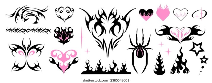 Y2k tattoo. Hearts with fire, butterfly, spider and gothic girly tribal abstract ornaments. Black silhouette. Modern retro stickers. 1990s, 2000s art. Cyber sigilism style, emo gothic. Vector icons