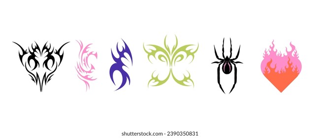 Y2k tattoo. Hearts with fire, butterfly, spider and gothic girly tribal abstract ornaments. Black silhouette. Modern retro stickers. 1990s 2000s art. Cyber sigilism style emo vector set