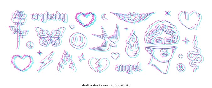 Y2k Tattoo linear art stickers in 90s - 00s style. Butterfly, barbed wire, fire, flame, chain heart, swallow, snake, rose sychedelic tattoo style. Vector 2000s tattoo designs in holographiс style