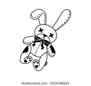 Y2k tattoo of monochrome stitched, broken bunny plush toy with button eyes and a sad expression. Vector black and white rabbit with patches and seams, conveys abandonment, sadness, gothic aesthetics