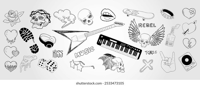 Y2k tattoo. Punk rock icon. Heart in fire flames. Gothic element. Grunge sticker. Guitar and synthesizer piano. Skull with wings. Scribble psychedelic. Doodle line symbols set. Vector emo illustration