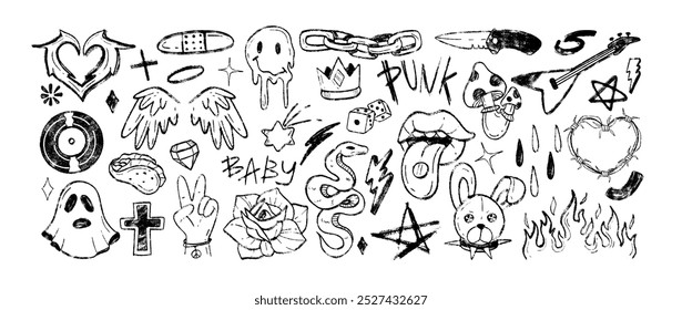 Y2k tattoo sticker, charcoal pencil emo gothic symbol. Grafitti hand drawn doodle punk crayon melting smile emoji, bunny, fly agaric, music disc, peace gesture, open mouth with tongue, rock star icons