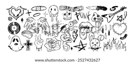 Y2k tattoo sticker, charcoal pencil emo gothic symbol. Grafitti hand drawn doodle punk crayon melting smile emoji, bunny, fly agaric, music disc, peace gesture, open mouth with tongue, rock star icons