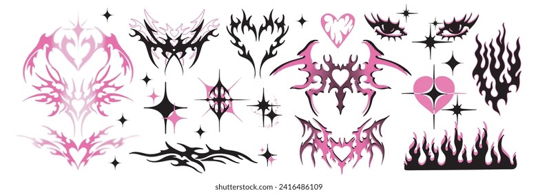 Y2k tattoo sticker set, gothic heart silhouette, Neo tribal aesthetic icon, butterfly, stars, fire. Love grunge groovy fashion print, acid ornament element collection, retro emo kit. Girly y2k sticker