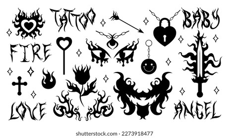 Pegatinas de tatuajes Y2k. Llama y fuego, cadena, corazón, espada, flor, collar, glamour tribal en los 90, estilo psicodélico de moda. Juego de impresión de tatuajes de silueta en blanco y negro dibujado a mano por vectores. EPS