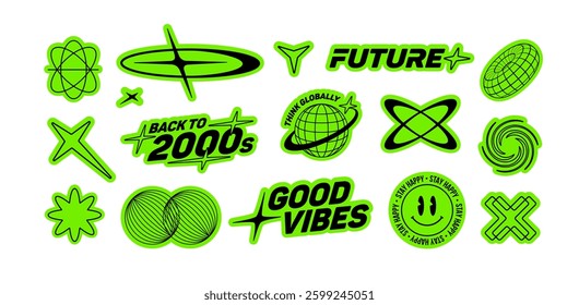  Y2K techno adesivos pacote de aspas de texto coleção de rótulos no estilo Acid green (parte 2). Estética de futurismo retro 2000 adesivos com texto.  Elementos de estilo cyberpunk