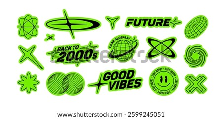  Y2K techno stickers pack of text quotes label collection in Acid green style (part 2). Aesthetic of retro futurism 2000s stickers with text.  Cyberpunk style elements