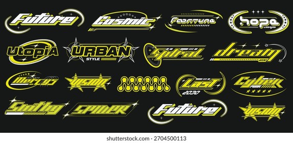 Y2k techno vector elements of trendy geometric brutalism forms, logos, grids, memphis design. Simple Acid shapes forms, rave symbols and frames 90s style. Retro Futurism signs and icons in 2000s style