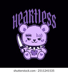 Y2k Oso de peluche con cuchillo y diseño de impresión de ropa de texto Heartless - Ilustración vectorial. Etiqueta engomada del oso del estilo de Rave, colores púrpuras. Juguete gótico lindo del oso de peluche con el cuello con tachuelas para el diseño de la impresión de la camiseta