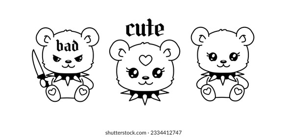 Y2k Teddy Bear tattoo design in aesthetic 2000s gothic punk style. Cute and scary teddy bear head in line art tattoo stickers. Bad teddy bear with knife. Pint design. Isolated vector illustration