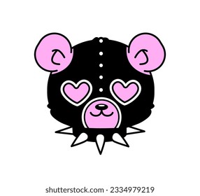 Y2k Teddy Bear toy aesthetic 2000s style tattoo or sticker design. Gothic 00's sticker black and pink colors. Gothic punk teddy bear toy in latex mask and studded collar. Isolated vector 