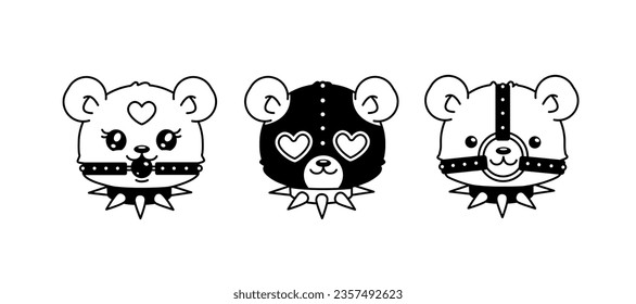 Y2k Teddy Bear toy faces in 2000s style tattoo art or sticker design. Gothic punk teddy bear mask in studded collar and ball gag. Gothic 00's sticker. Isolated vector 