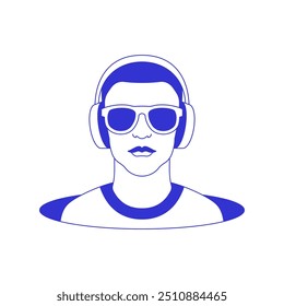 Y2k homem adolescente em fones de ouvido óculos de sol no buraco ícone de linha psicodélica vetor ilustração plana. Retrato adolescente masculino ouvindo música em óculos de moda contemporâneo arte pop esboço t camisa imprimir