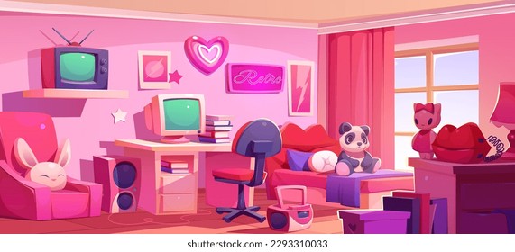 Fondo de diseño interior de dibujos animados de dormitorio rosado para una adolescente de 2000. Mobiliario y decoración retro plano para adolescentes. Computadora para estudiar en la mesa dentro del apartamento de la princesa. Tv en una estantería y afiche en la pared.