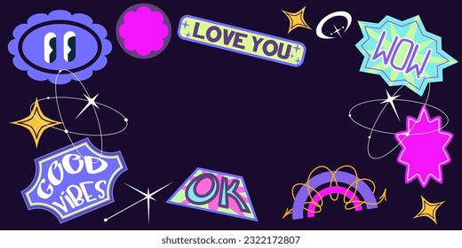 Y2K template background with stickers. 90s retro design with stickers. Trendy aesthetic background geometric. Flat vector illustration