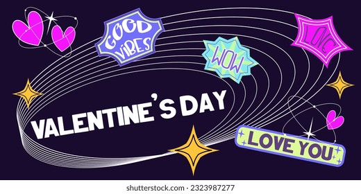 Y2K template background for valentines day with stickers. 90s retro design with stickers. Trendy aesthetic background geometric. Flat vector illustration