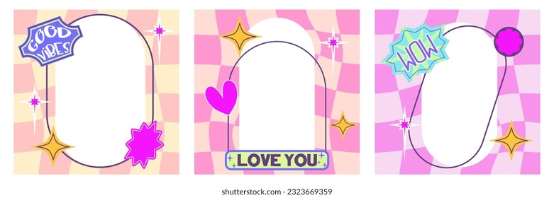 Y2K template with frame and chekerboard. 90s retro design with stickers and frame. Trendy aesthetic border with heart and shape. Flat vector illustration