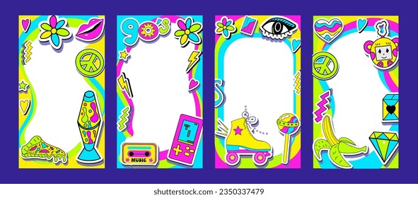 Y2K template poster for 90s retro design with lava lamp, cassette, nostalgia set. Trendy aesthetic frame photo. Flat vector illustration.