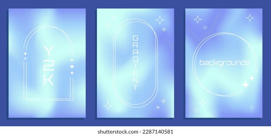 Y2k three vector blue gradient backgrounds with white frames with stars, retro collection graphic design elements.