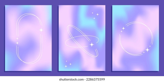 Y2k three vector gradient backgrounds with white frames with stars, retro collection graphic design elements.